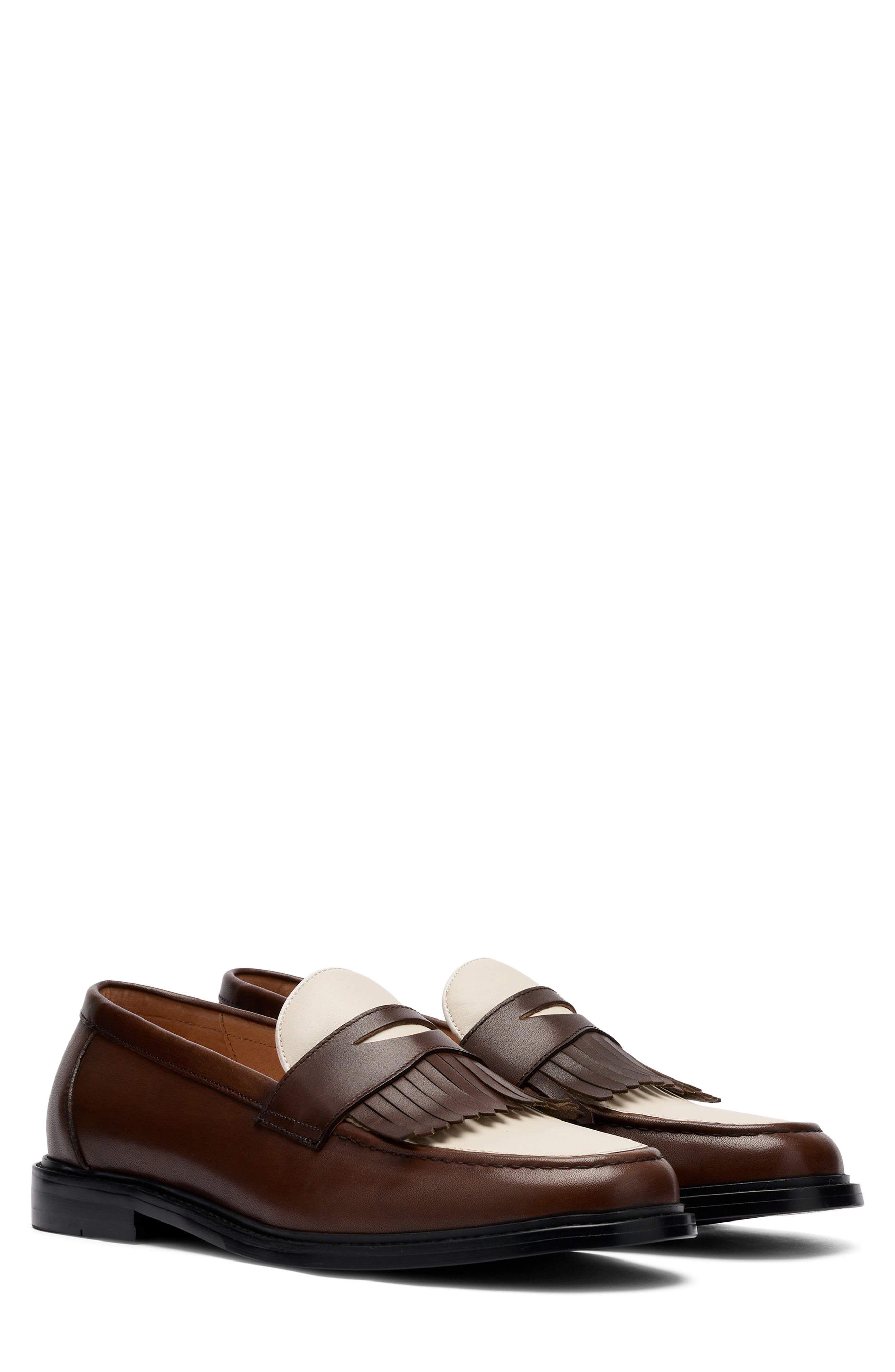 MARC NOLAN Clint Fringe Penny Loafer, Main, color, Brown/ White