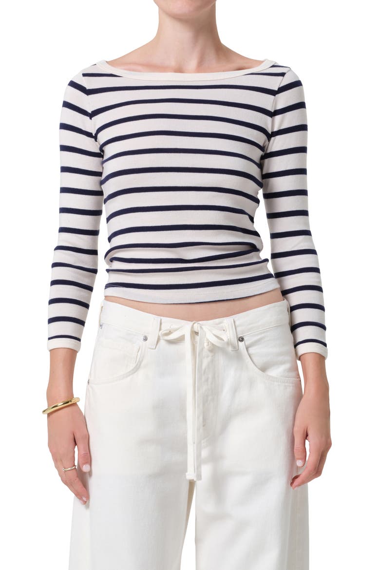 Stripe Boat Neck Long Sleeve Rib T-Shirt, Main, color, AZURE STRIPE
