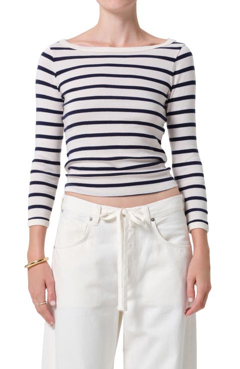 Stripe Boat Neck Long Sleeve Rib T-Shirt