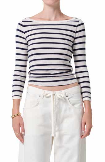 Stripe Boat Neck Long Sleeve Rib T-Shirt