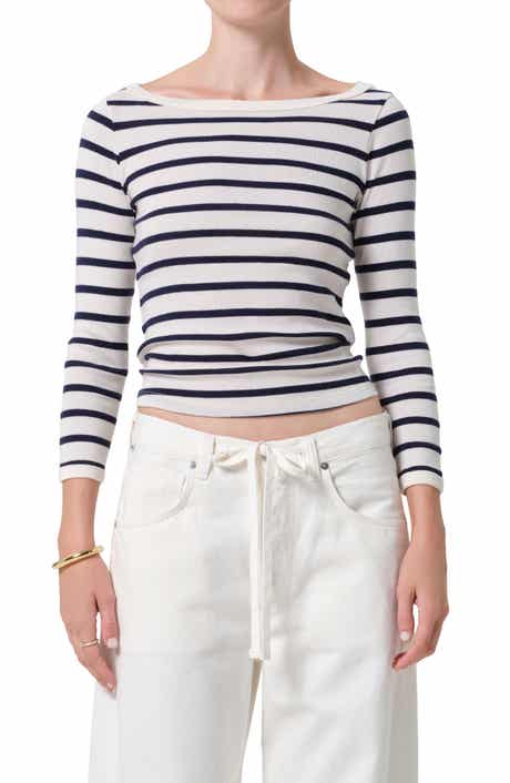 Stripe Boat Neck Long Sleeve Rib T-Shirt
