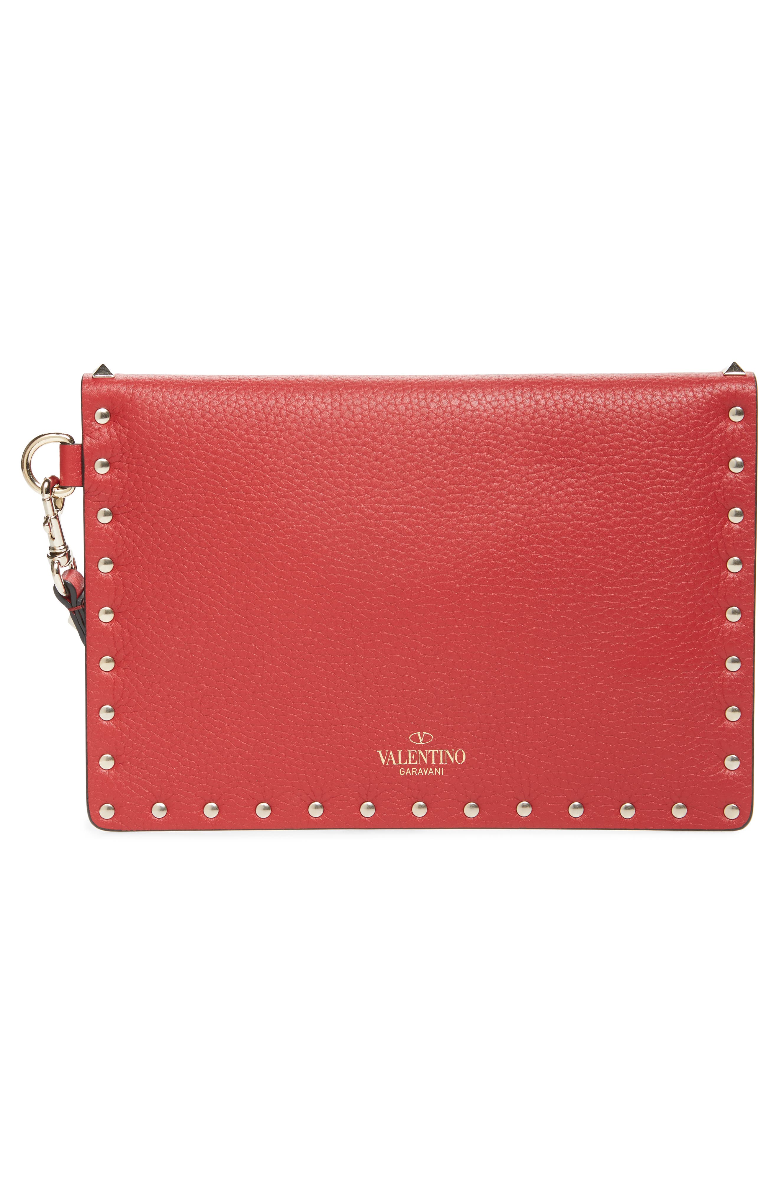 Medium Rockstud Leather Envelope Pouch, Alternate, color, ROSSO V