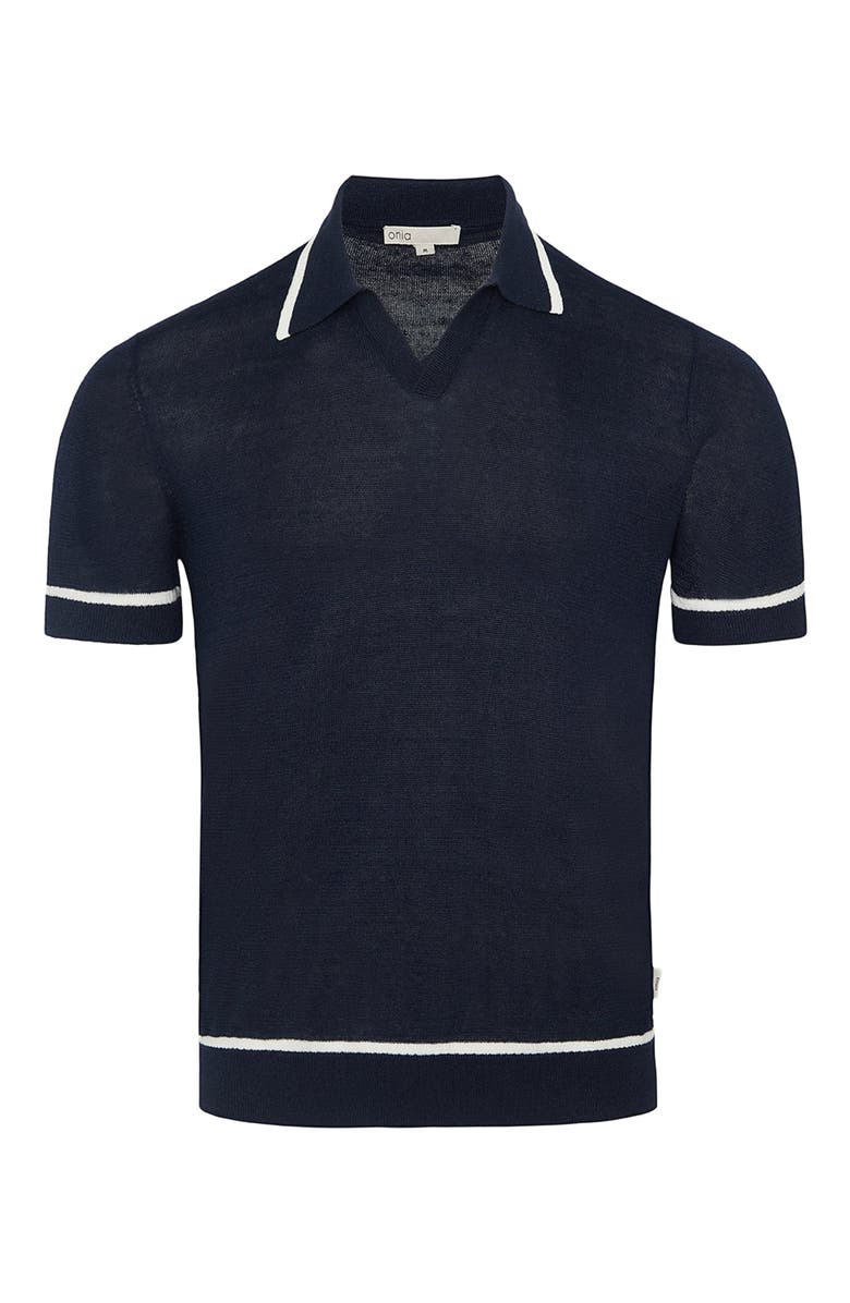 Onia Linen Johnny Collar Polo Sweater, Alternate, color, Midnight