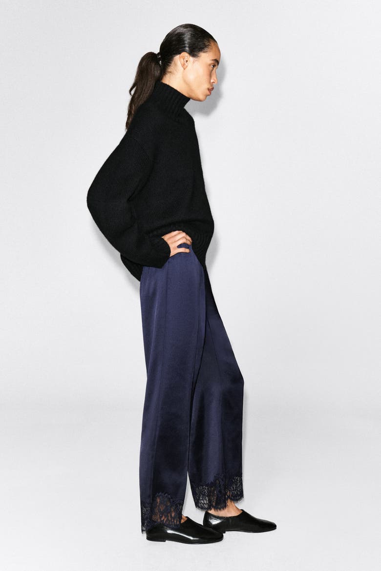 Lace-trimmed Satin Pants, Alternate, color, NAVY