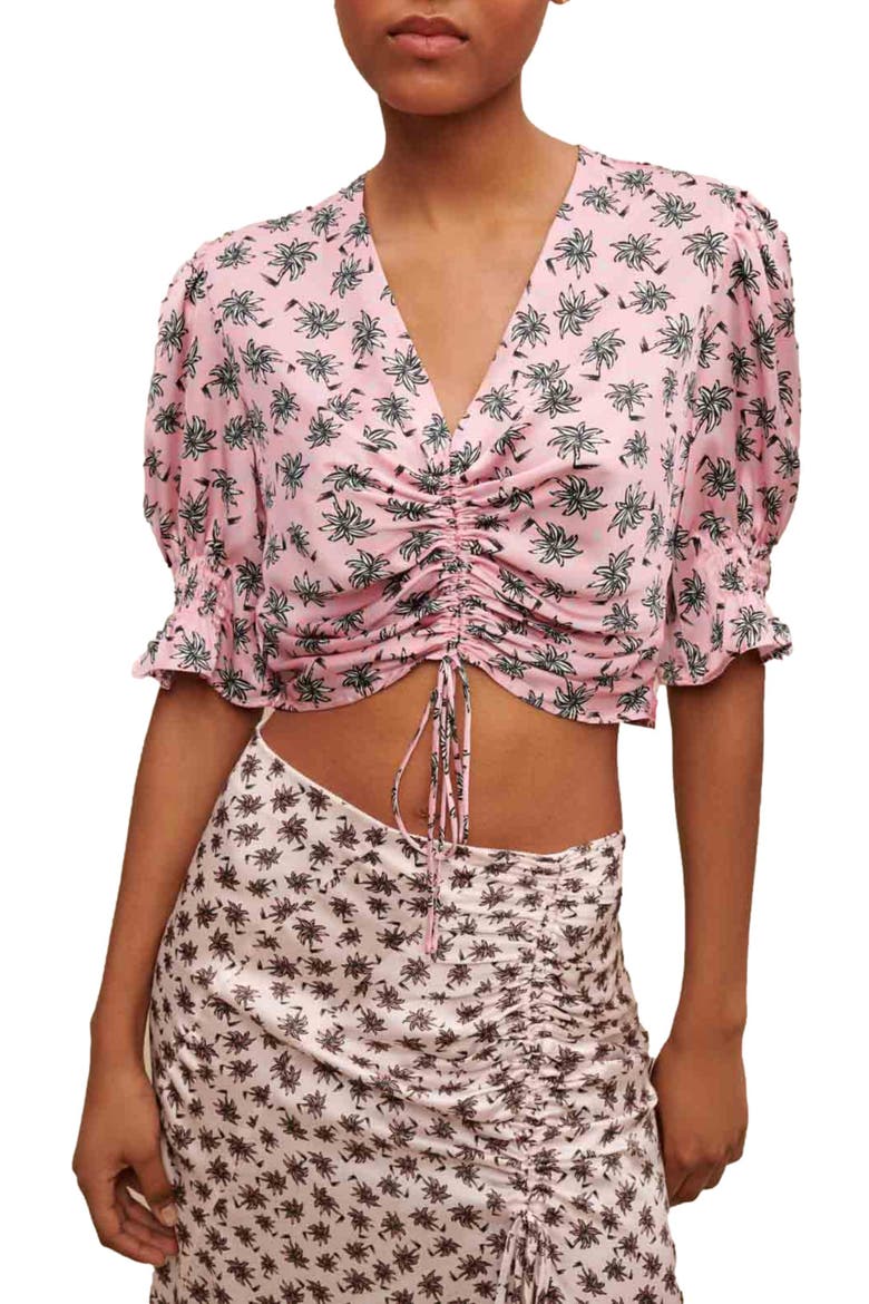 Lalita Ruched Tie Crop Top, Main, color, IMPRIME PALMIER ROSE