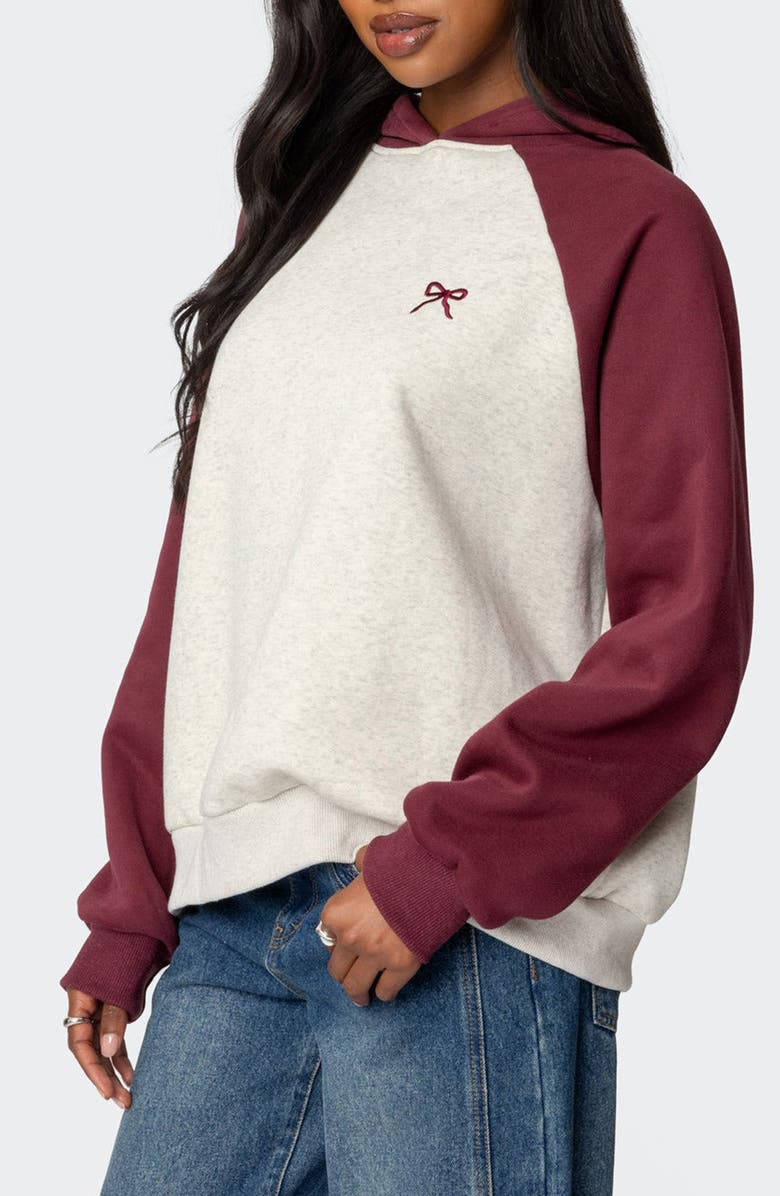 EDIKTED Bow Embroidery Oversize Colorblock Hoodie, Alternate, color, Burgundy-And-Gray-Me