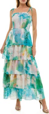 Socialite Floral Smocked Tie Strap Maxi Cocktail Dress