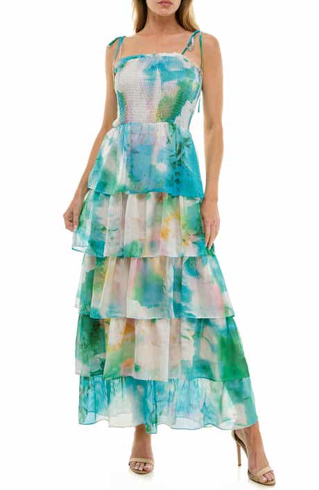 Socialite Floral Smocked Tie Strap Maxi Cocktail Dress