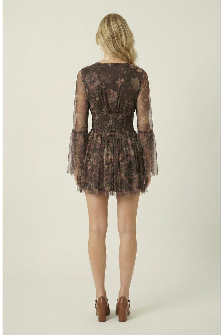 Floral Long Sleeve Mini Dress with Smocked Waist and Flared Skirt, Alternate, color, Brown Floral