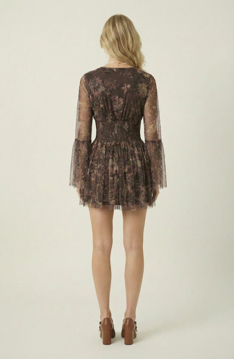 Modenaire Floral Long Sleeve Mini Dress with Smocked Waist and Flared Skirt, Alternate, color, Brown Floral