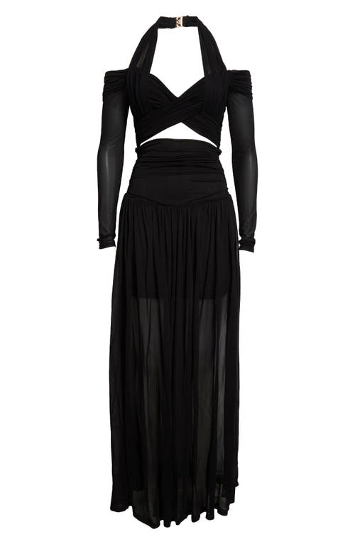 Zimmermann Illuminate Cold-shoulder Cutout Pleated Chiffon Halterneck Maxi Dress In Black