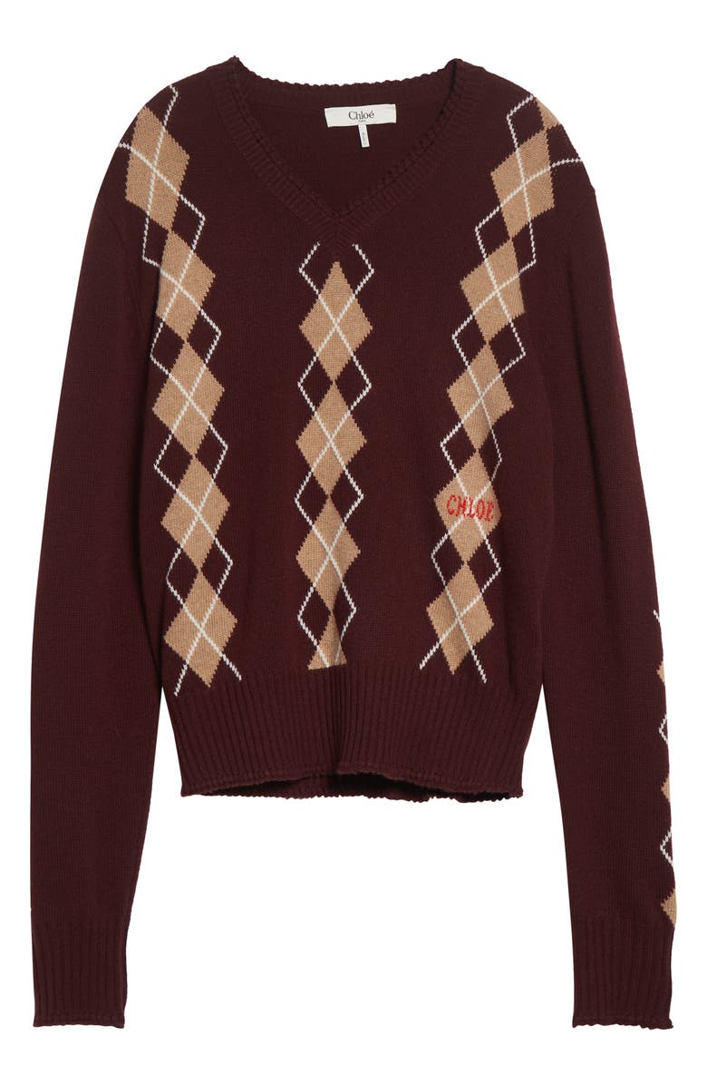 Chloé Argyle Wool & Cashmere V-Neck Sweater, Alternate, color, Burgundy