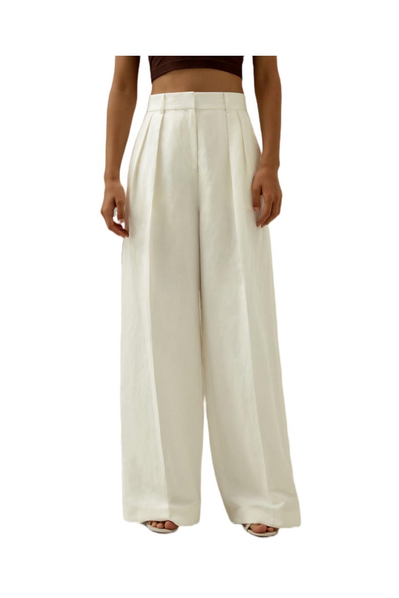 Women's Front-Pleated Silk-Linen Blend Trousers, Main, color, Natural White