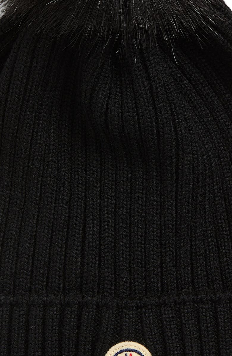 Moncler Kids' Virgin Wool Beanie with Faux Fur Pompom, Alternate, color, Black