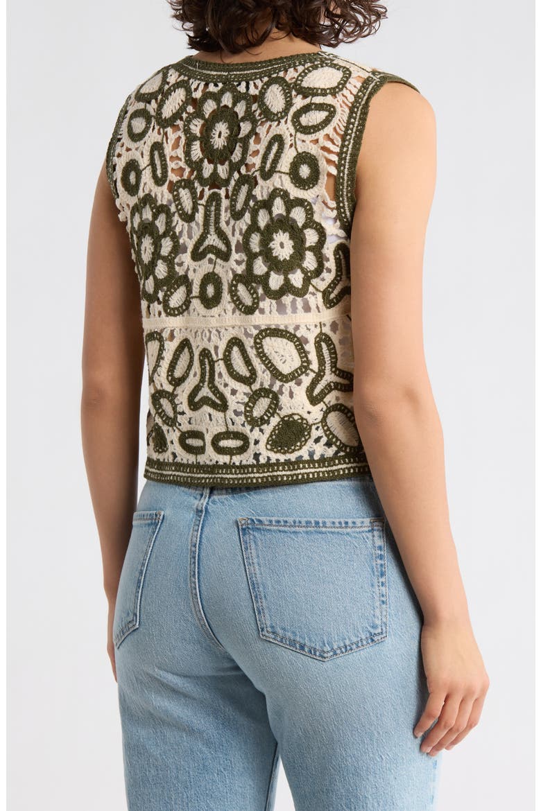 Floral Embroidered Open Knit Button Tank, Alternate, color, NATURAL/ OLIVE