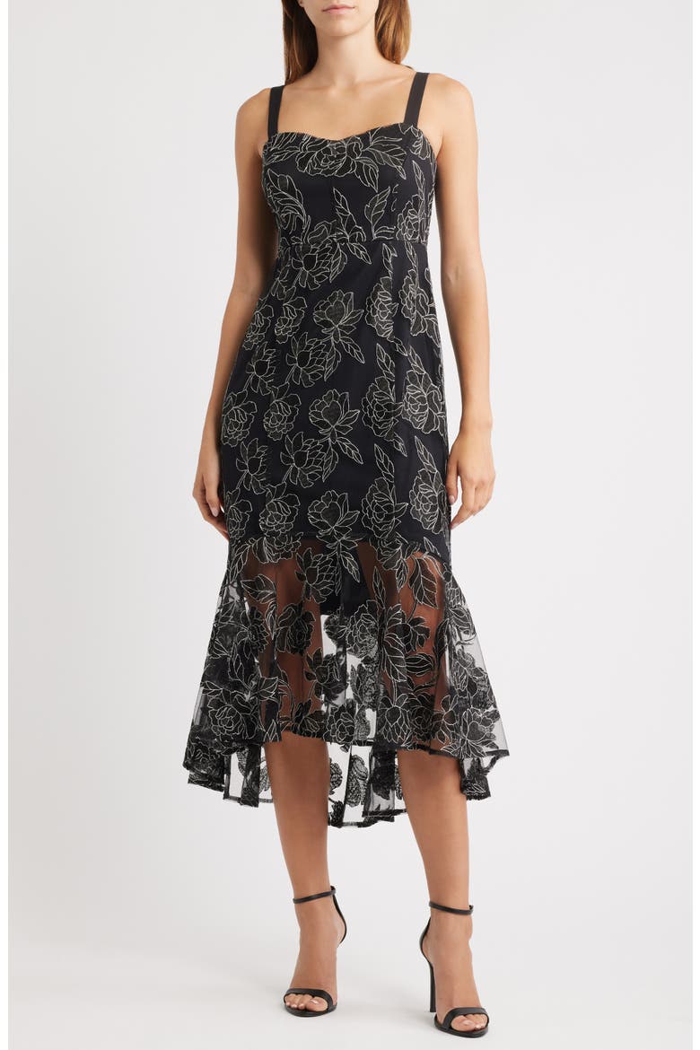 Floral Embroidery High-Low Dress, Main, color, BLACK/WHITE