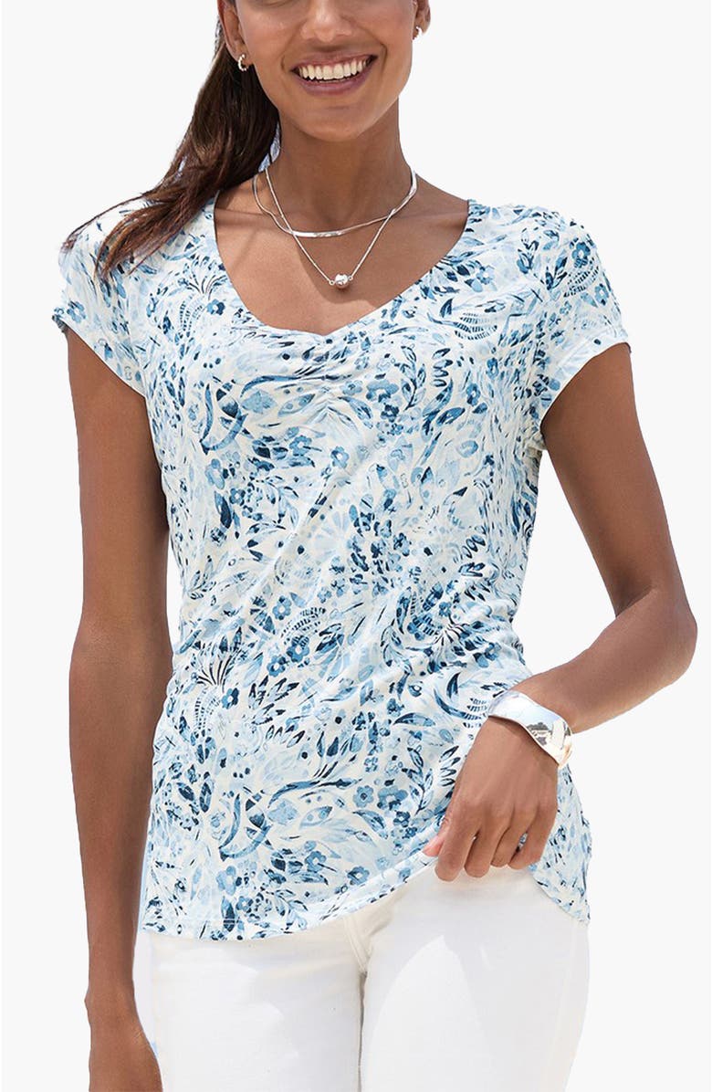 LASCANA Women's Floral Ruched V-Neck Top, Main, color, Blue Floral