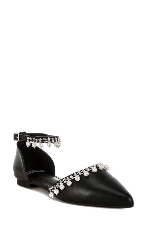 Aouva Rhinestone & Faux Pearl Almond Toe Flat (Women)