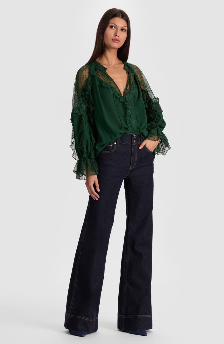 Alice + Olivia Aleena Lace Detail Long Sleeve Button-Up Shirt, Alternate, color, Green Mystique