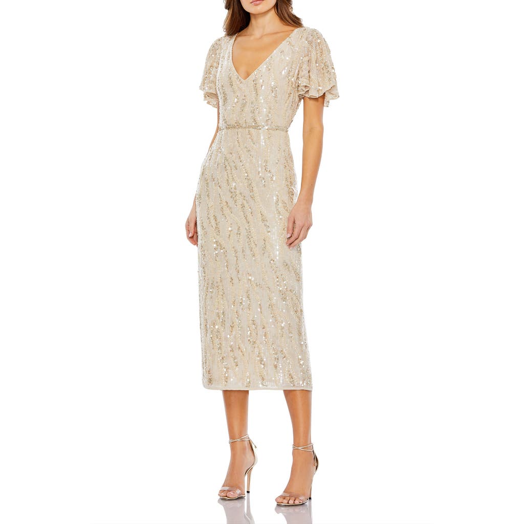 Mac Duggal Sequined V Neck Flutter Sleeve Tea Length Dress In Neutral