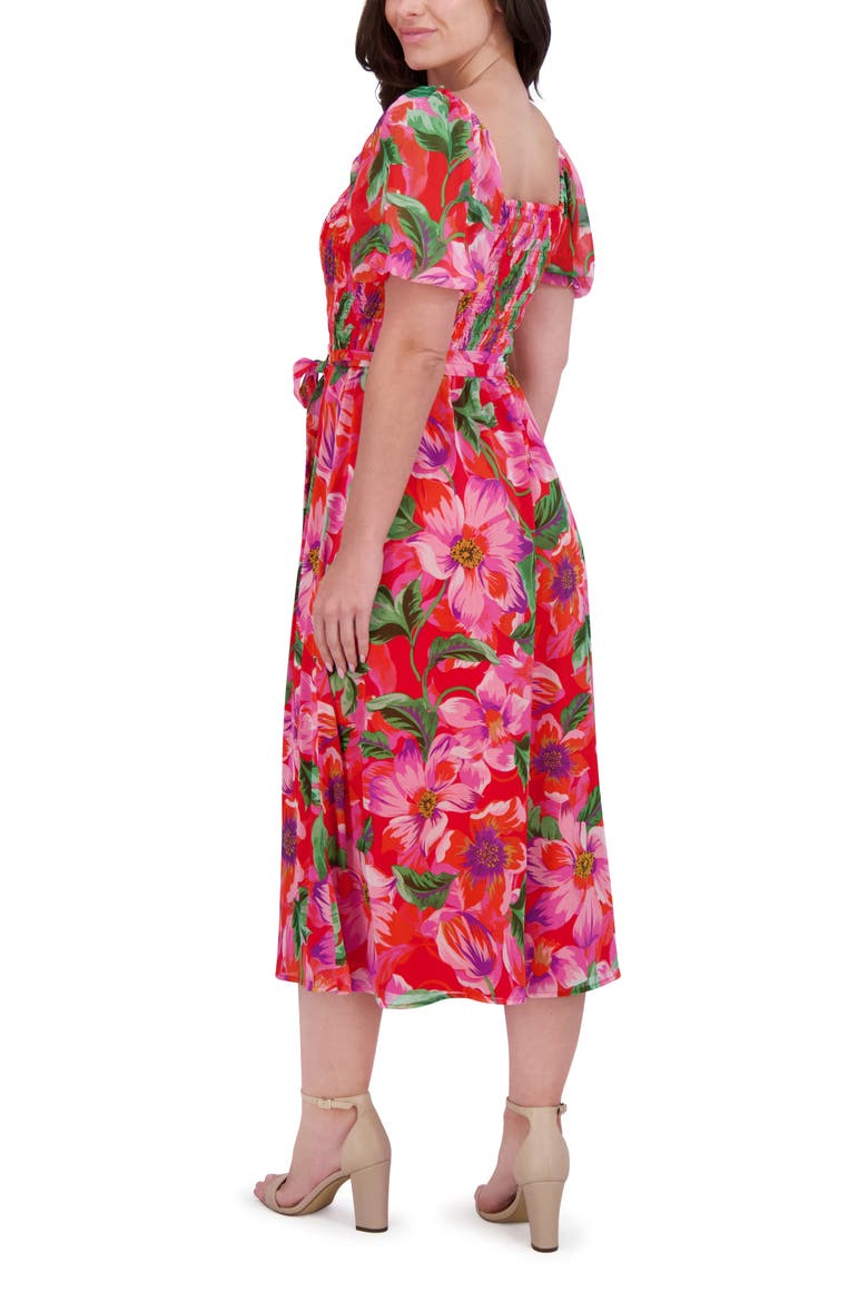 Smocked Chiffon Midi Dress, Alternate, color, RED MULTI