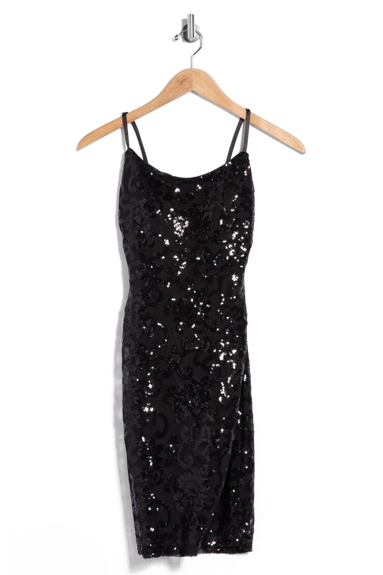 Sequin Body Con Dress with Illusion Straps, Alternate, color, BLACK
