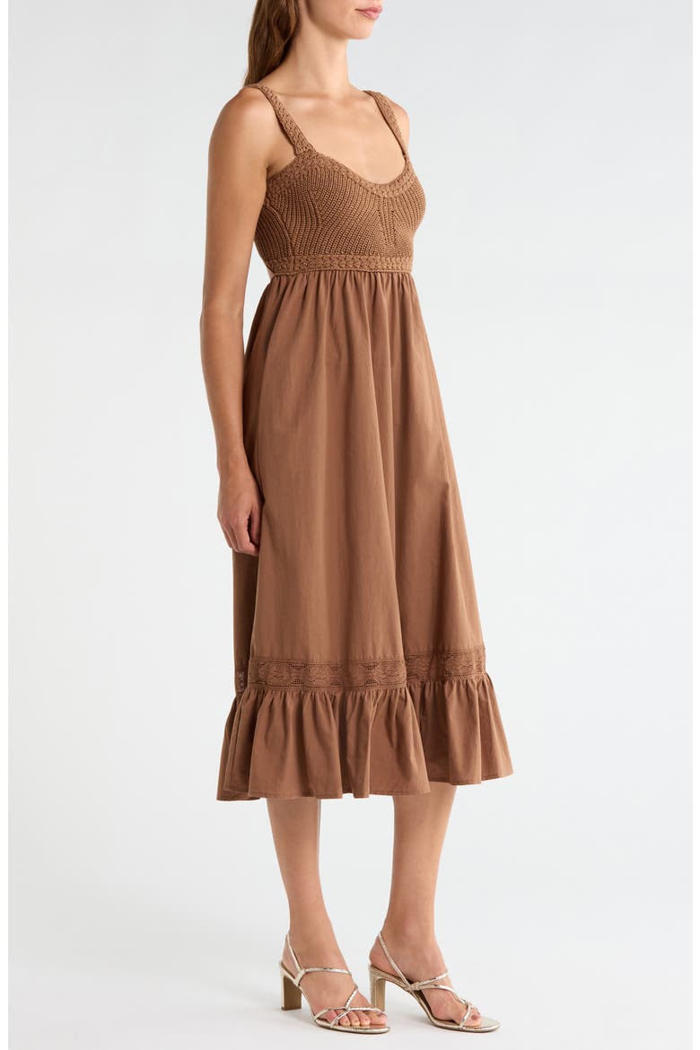 Jacquelin Mixed Media Back Cutout Midi Dress, Alternate, color, CAMEL