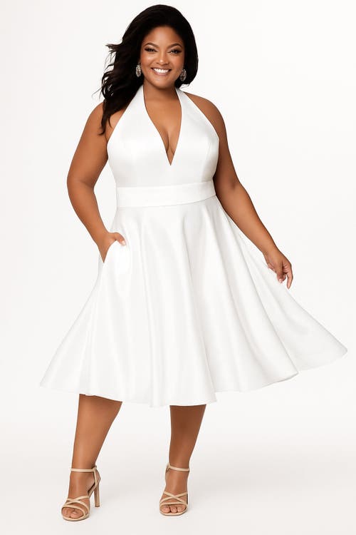 Sydney's Closet Halter Satin Plus Size Tea-length Wedding Dress In Multi