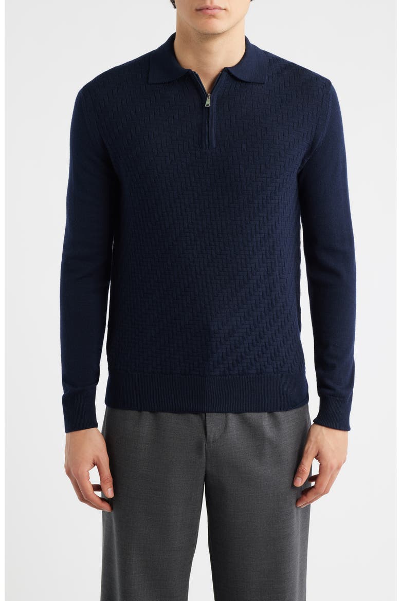 Basket Weave Stitch Long Sleeve Cashwool® Quarter Zip Polo Sweater, Main, color, NAVY