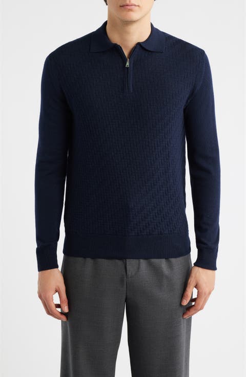 Basket Weave Stitch Long Sleeve Cashwool® Quarter Zip Polo Sweater