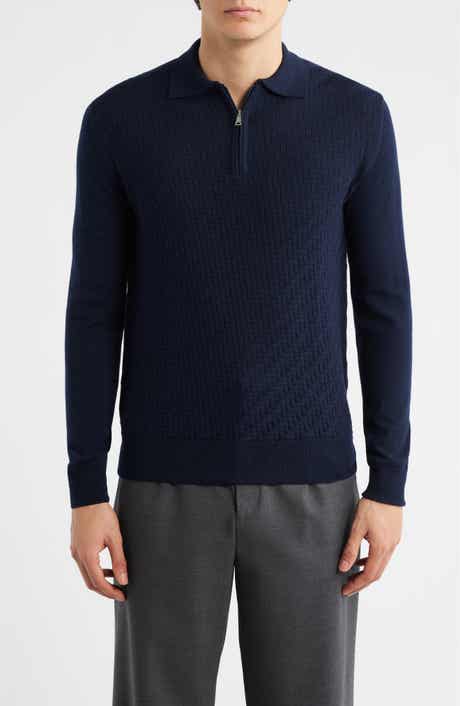 Basket Weave Stitch Long Sleeve Cashwool® Quarter Zip Polo Sweater
