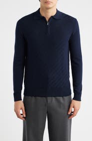 Aurélien Basket Weave Stitch Long Sleeve Cashwool® Quarter Zip Polo Sweater