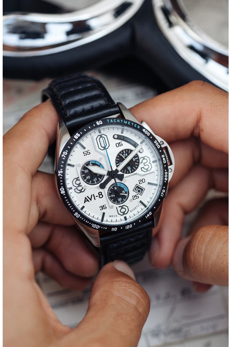 P-51 Mustang Blakeslee Chronograph Leather Strap Watch, 43mm, Alternate, color, WHITE
