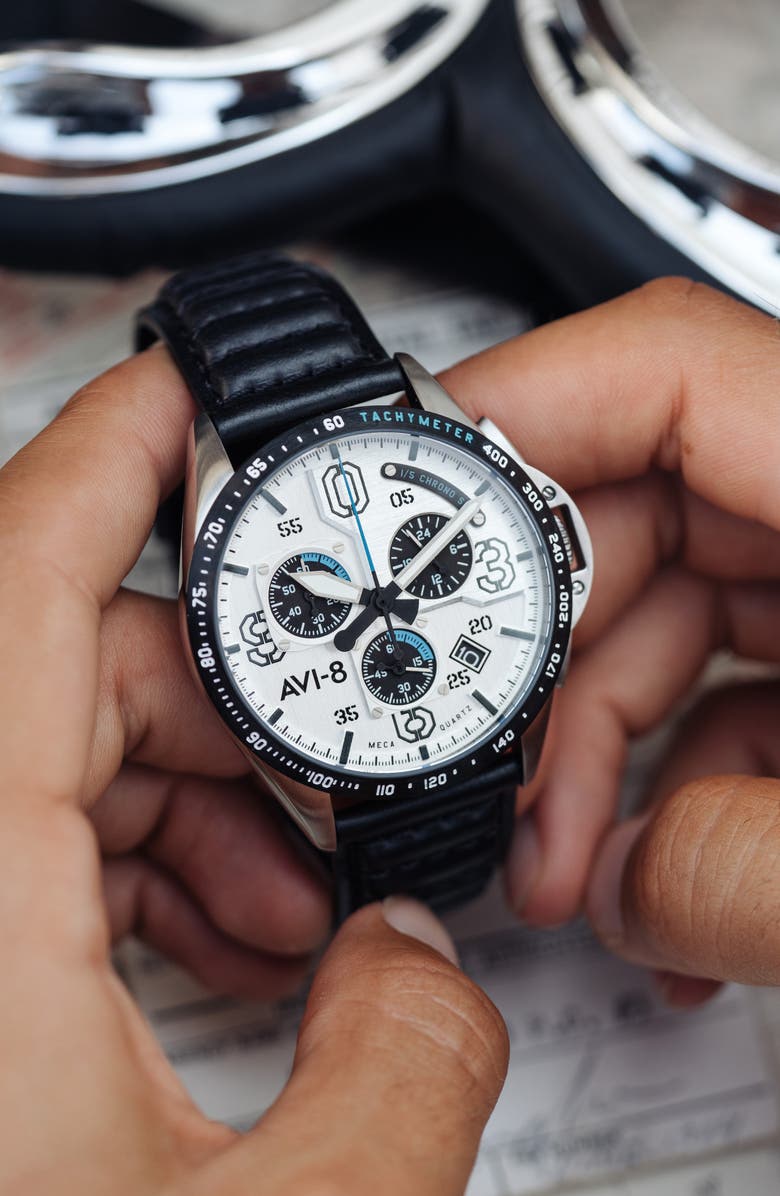 AVI-8 P-51 Mustang Blakeslee Chronograph Leather Strap Watch, 43mm, Alternate, color, White