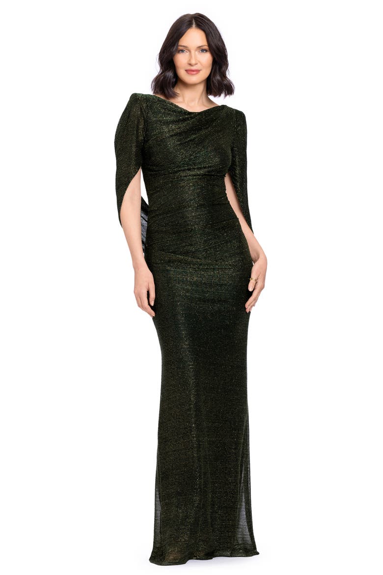 Drape Back Stretch Metallic Sheath Gown, Alternate, color, GREEN/ GOLD