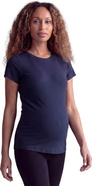 24seven Comfort Apparel Maternity Basic Ribbed Knit Round Neck Short Sleeve Top