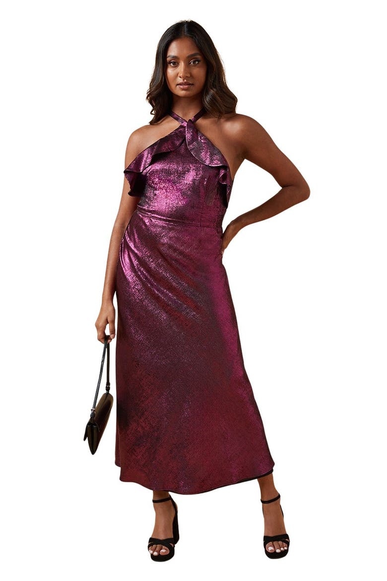 Foil Halterneck Ruffle Foil Midaxi Dress, Main, color, Pink