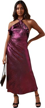 Oasis Foil Halterneck Ruffle Foil Midaxi Dress