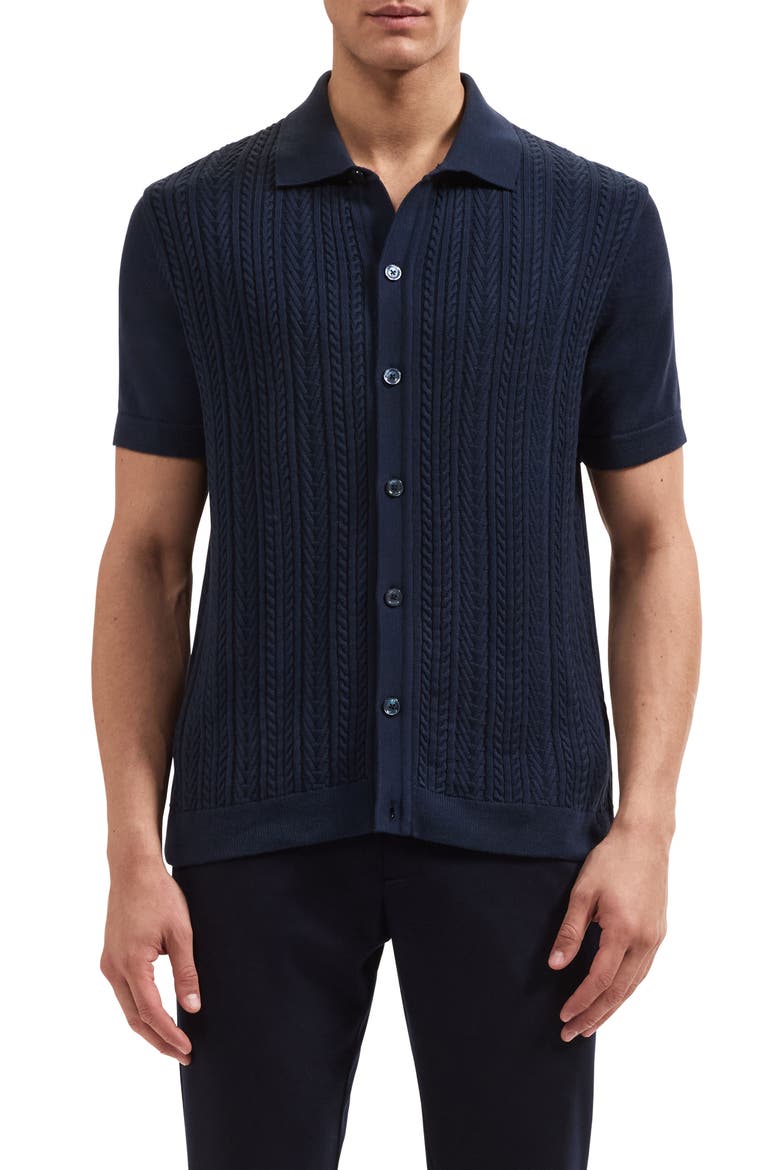 Short Sleeve Cable Knit Button-Up Sweater, Main, color, NAVY