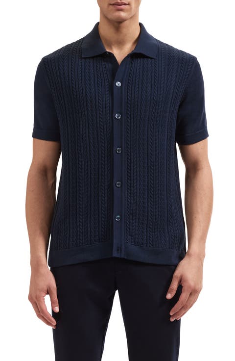 Short Sleeve Cable Knit Button-Up Sweater