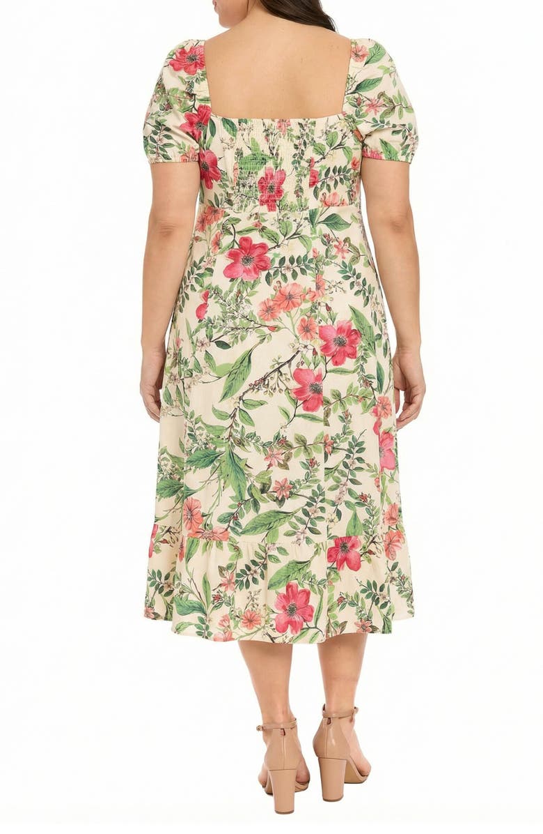 London Times Floral Short Sleeve Linen Blend Midi Dress, Alternate, color, Cream/ Pink