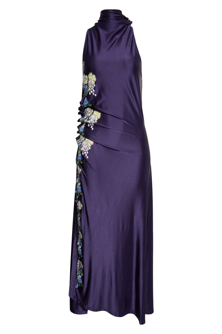 Embroidered Mock Neck Sleeveless Satin Gown, Alternate, color, SAILOR BLUE