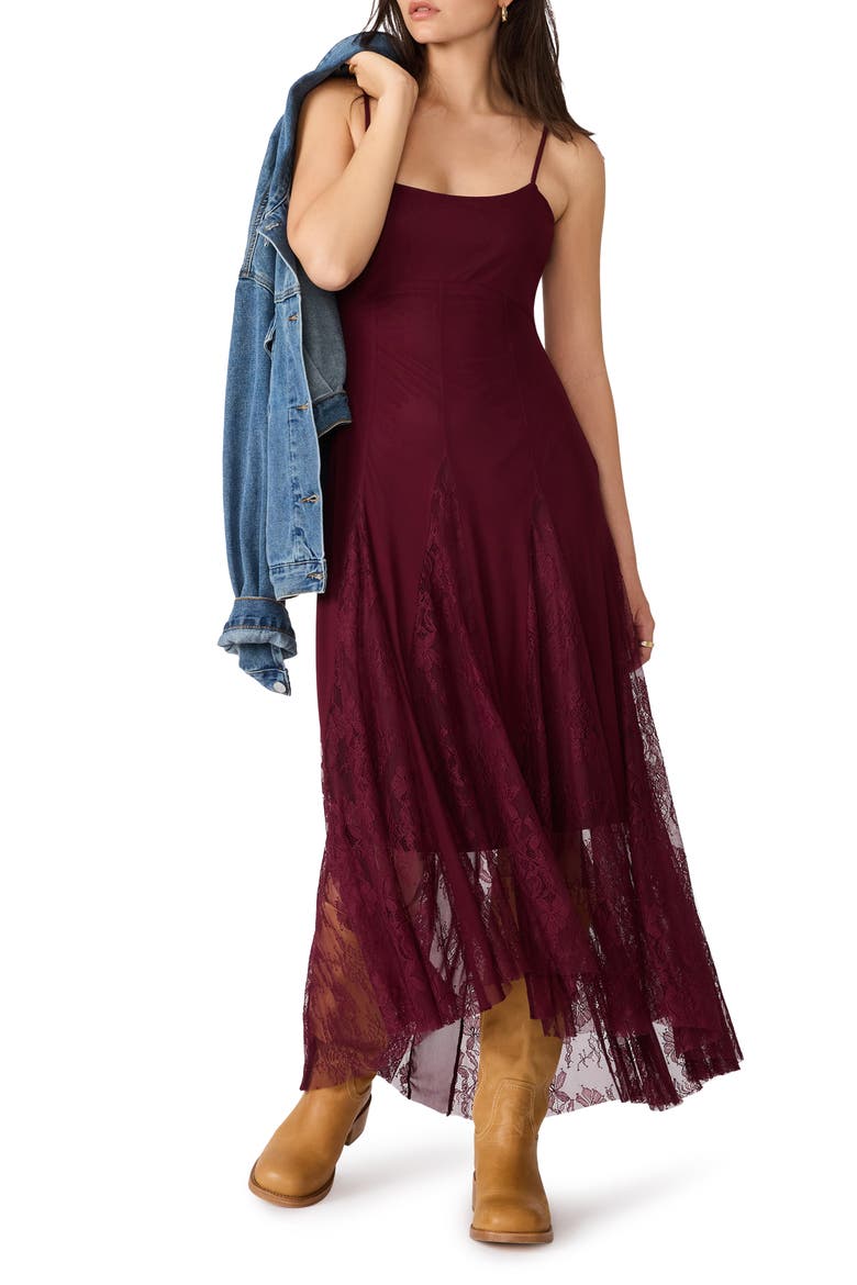 Vita Lace Detail Godet Pleat Dress, Main, color, DEEP FIG