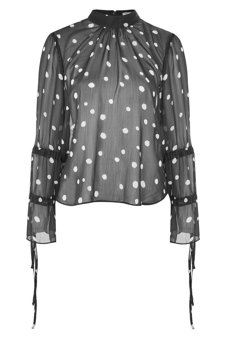 Drawstring Sleeve Sheer Dot Blouse, Alternate, color, BLACK MULTI