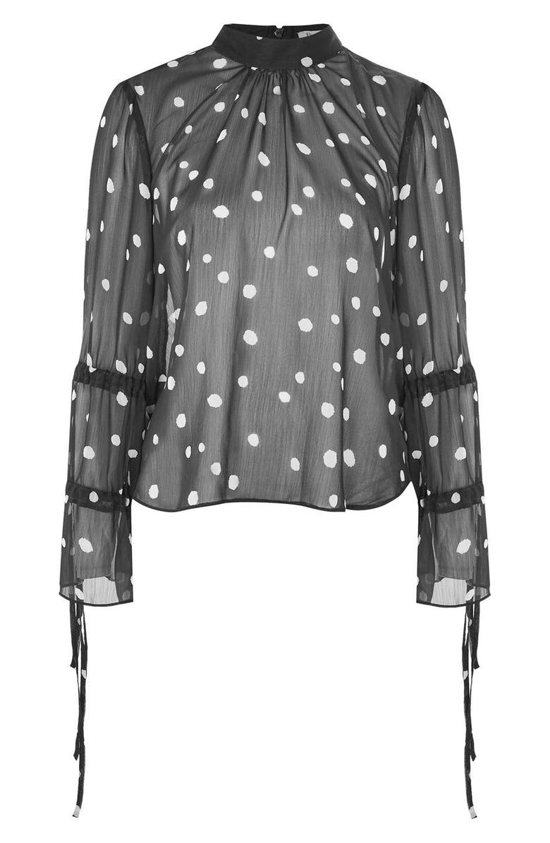 Topshop Drawstring Sleeve Sheer Dot Blouse, Alternate, color,