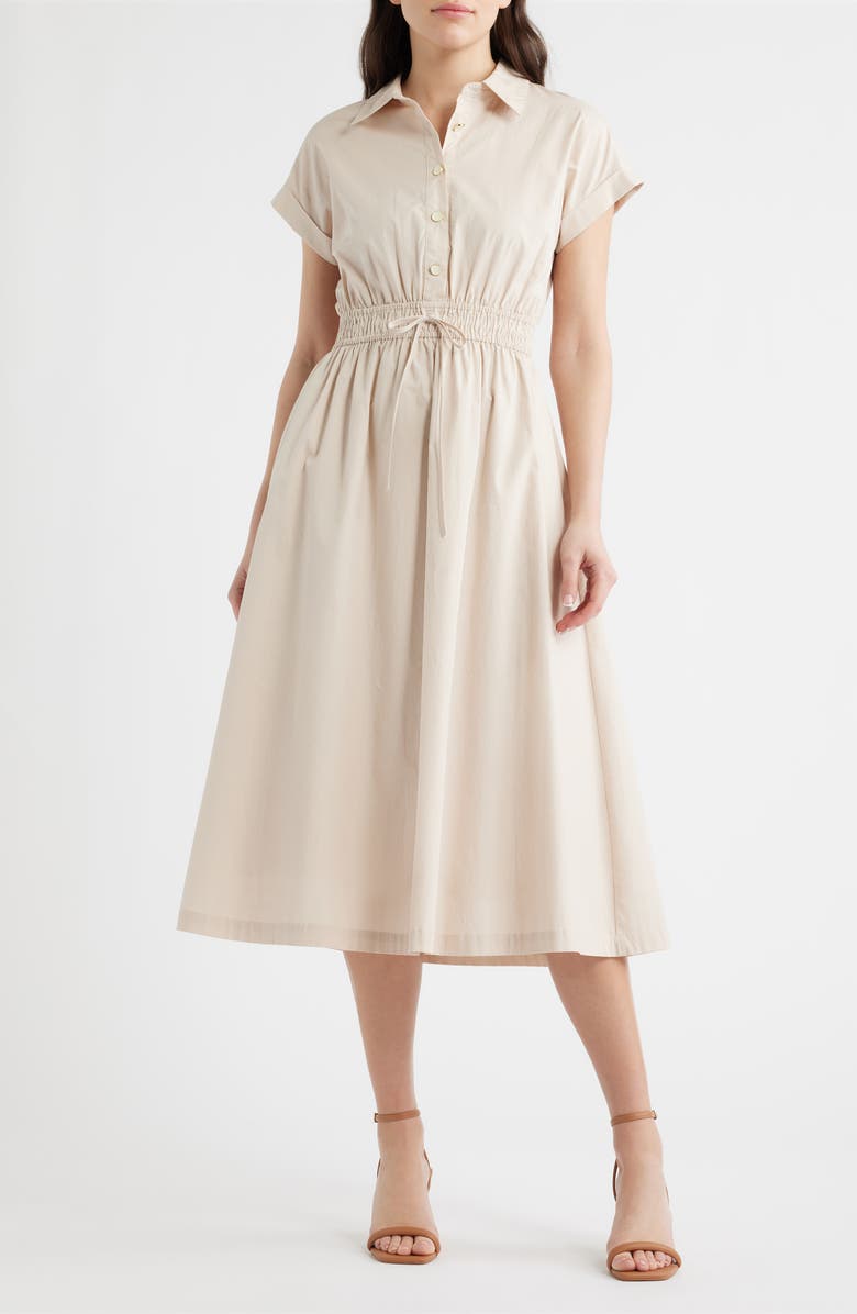 ZOE AND CLAIRE Tie Waist Midi Shirtdress, Main, color, Light Khaki