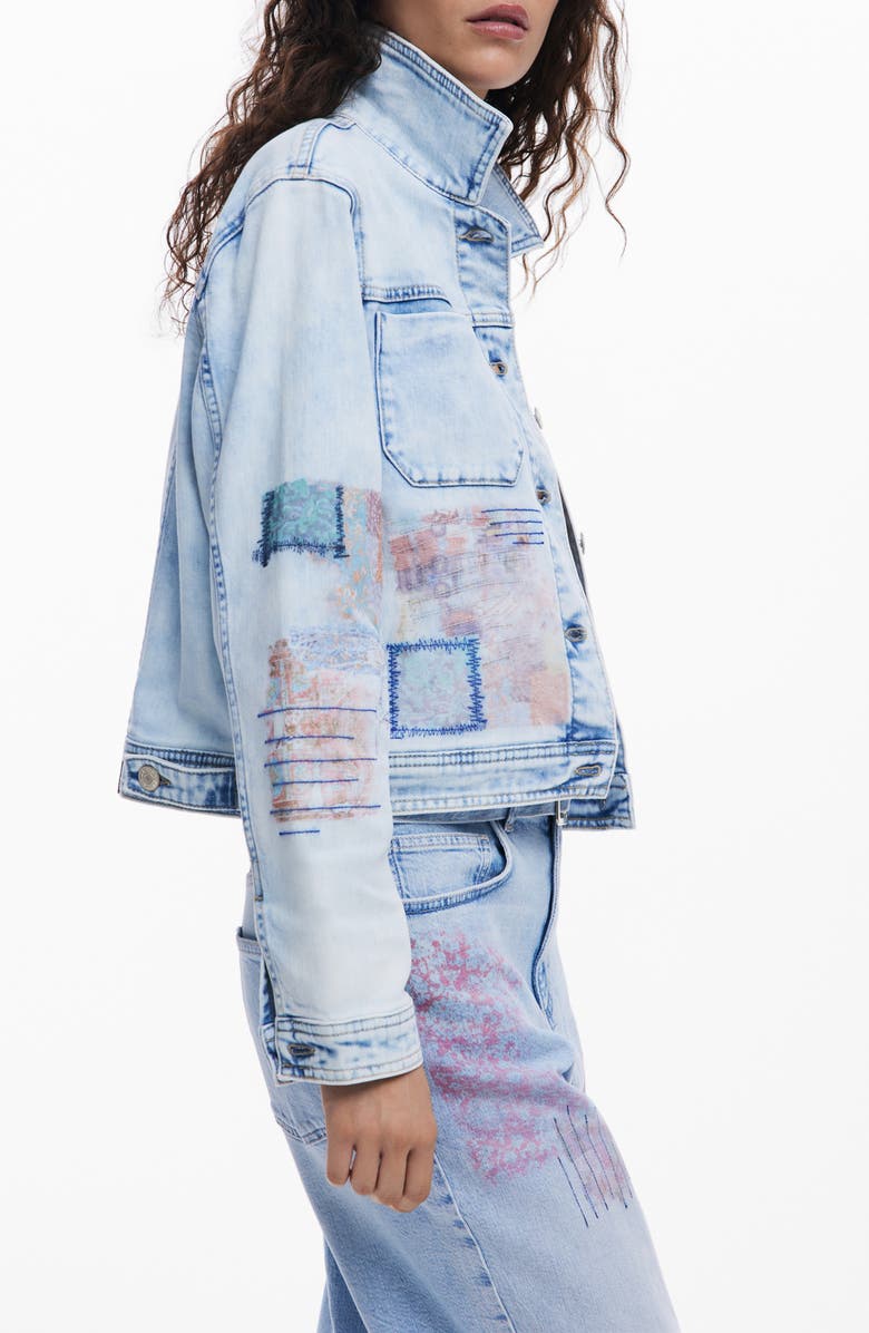 Desigual Patch Print Denim Trucker Jacket, Alternate, color, Medium Blue