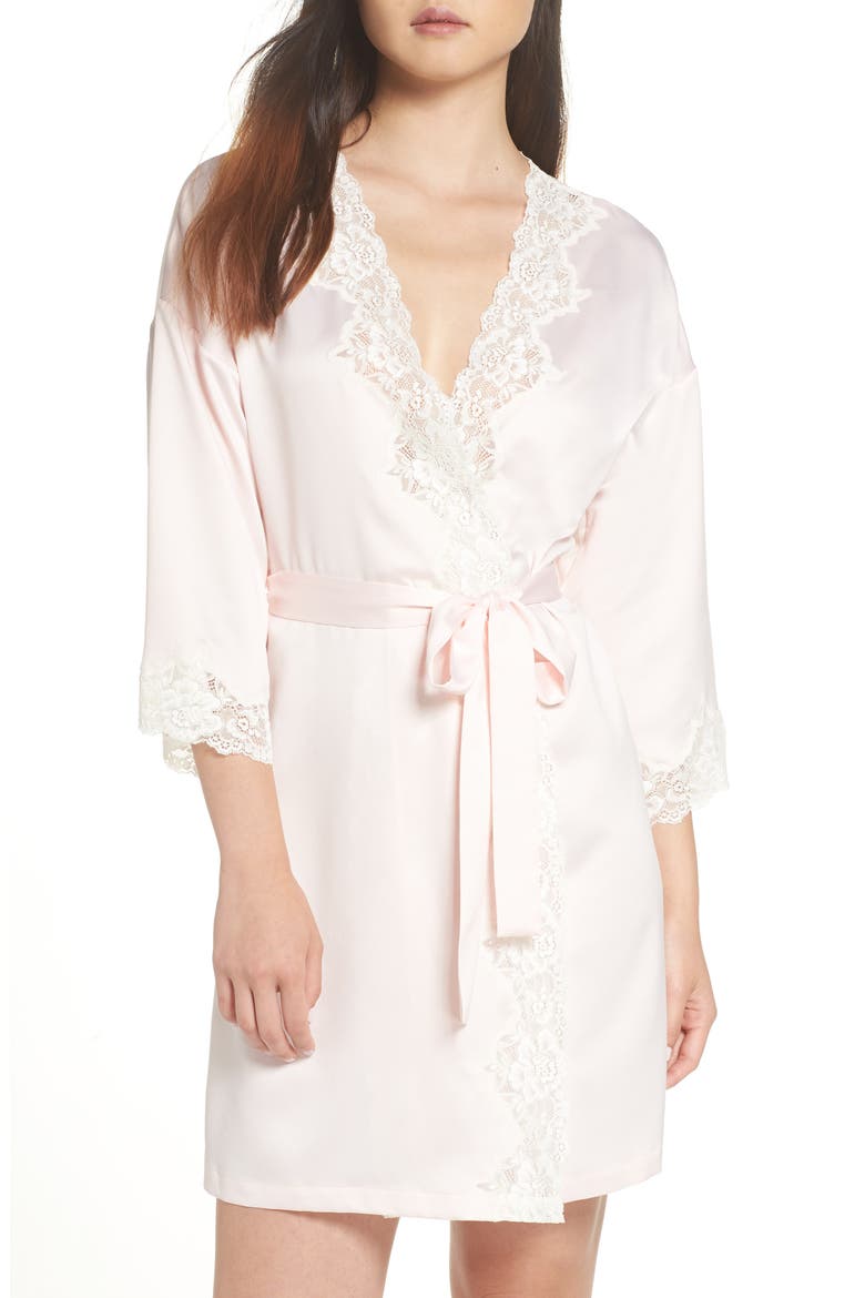 Lace Trim Satin Robe, Main, color, PINK