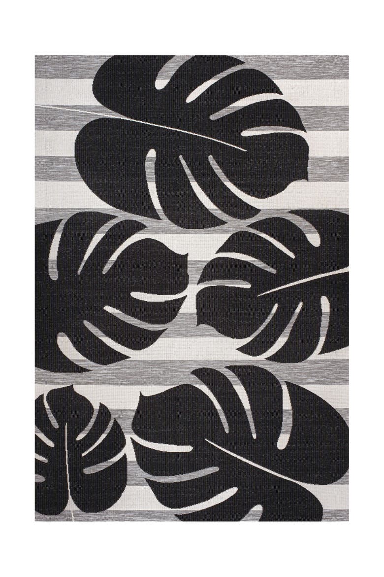Allison Classic Beach Stripe and Monstera Leaf Indoor/Outdoor Rug, Main, color, Black/Gray