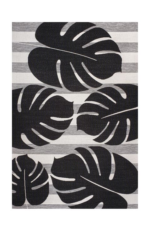 Allison Classic Beach Stripe and Monstera Leaf Indoor/Outdoor Rug